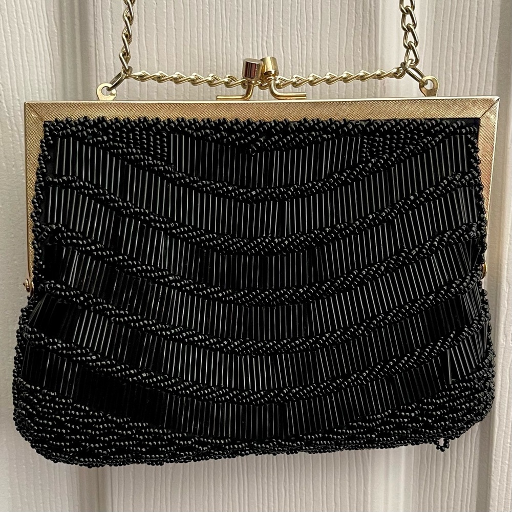 VINTAGE MAGID BLACK BEADED CLUTCH HANDBAG MADE IN HONG KONG